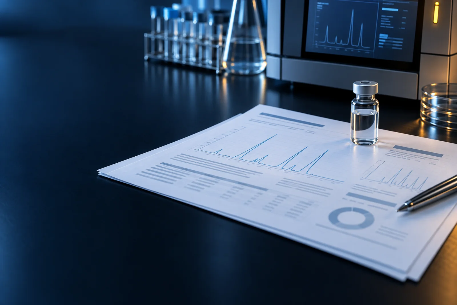 Analytical report and unlabelled research vial on a laboratory desk