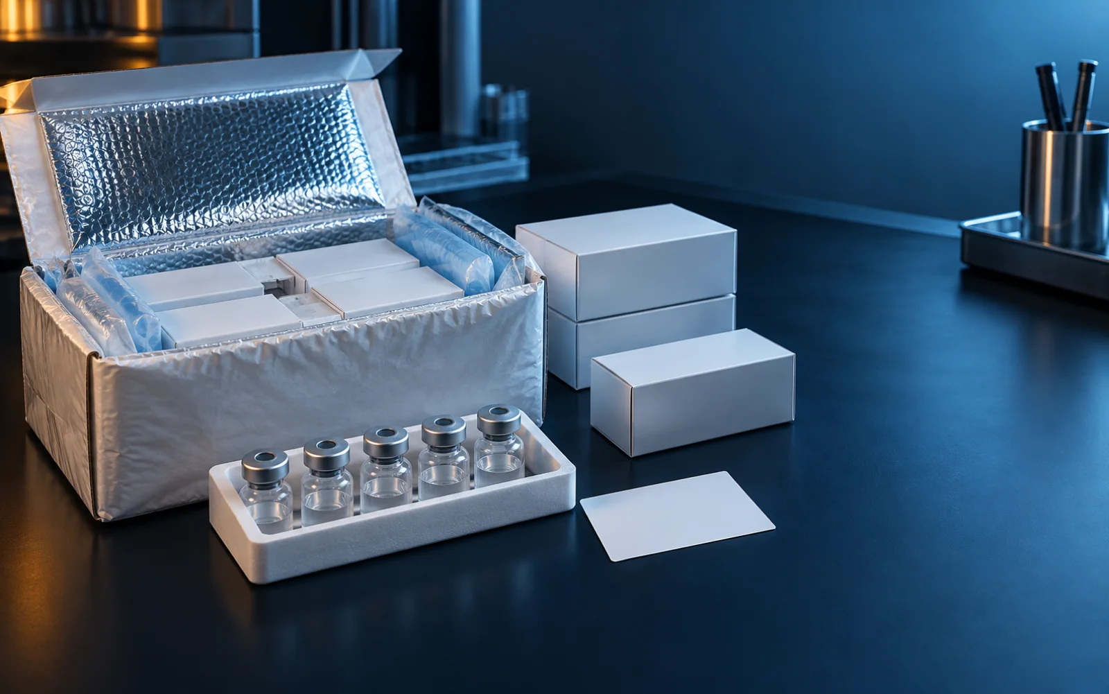 Unbranded insulated laboratory shipment with protective vial tray